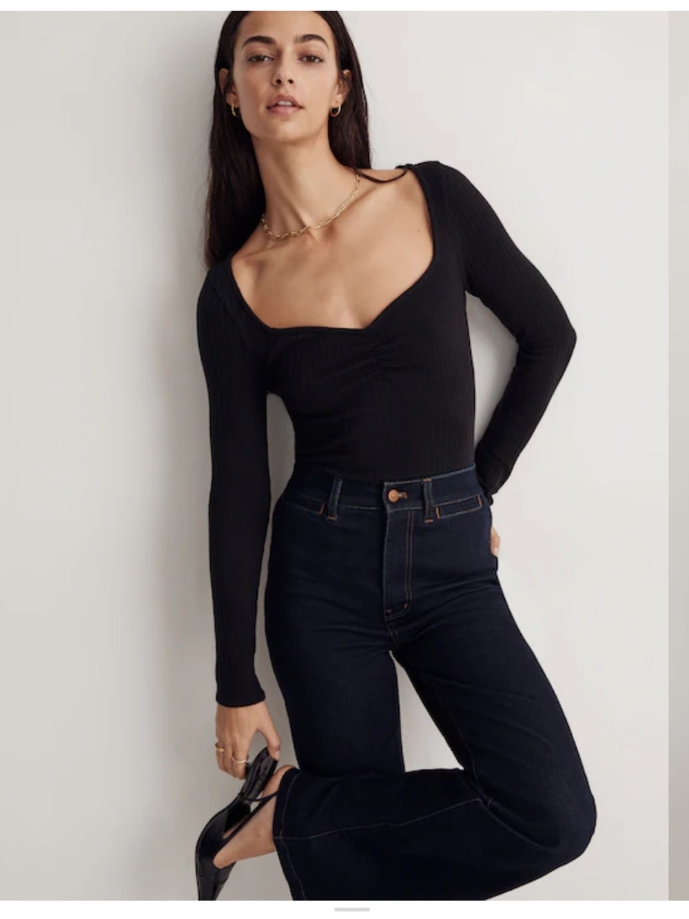 Madewell Women’s Ribbed Ruched Sweetheart Top Long Sleeve Black Size Large